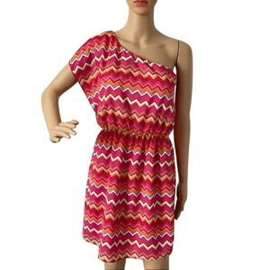 IZ Byer One Shoulder Pink Red White Chevron Pattern Mini Dress Size Medium